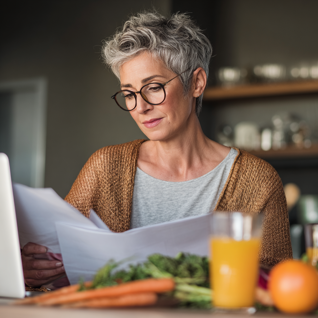 middle-aged nutrition professional reviewing meal plans and dietary guidelines